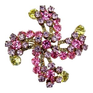 Vintage Juliana Rhinestone Brooch, Pastel Rhinestones Pinwheel, Riveted Florets